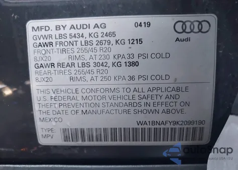 2019 Audi Q5 45 Premium z USA, uszkodzony, nr VIN WA1BNAFY9K2099190